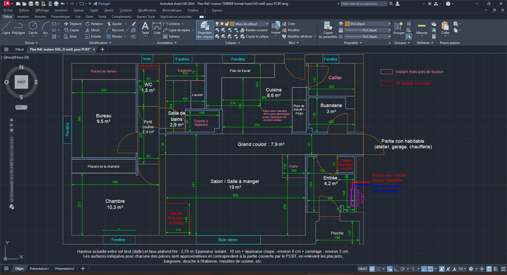 Le plan du rez-de-chaussée, fait sous Microsoft Visio puis importé dans AutoCAD...